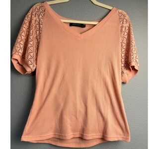 Merokeety Womens Waffle Knit Top Peach Crochet Lace Short Sleeve V-Neck Medium